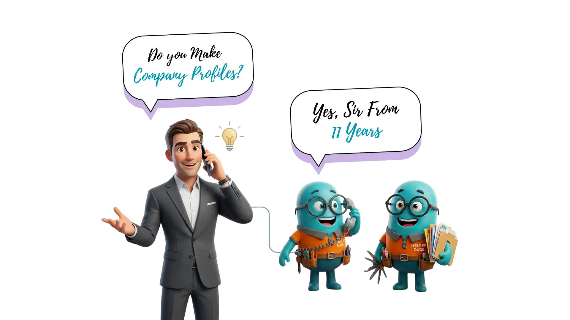 Client calling a company profile design agency to discuss corporate profile and tender document requirements